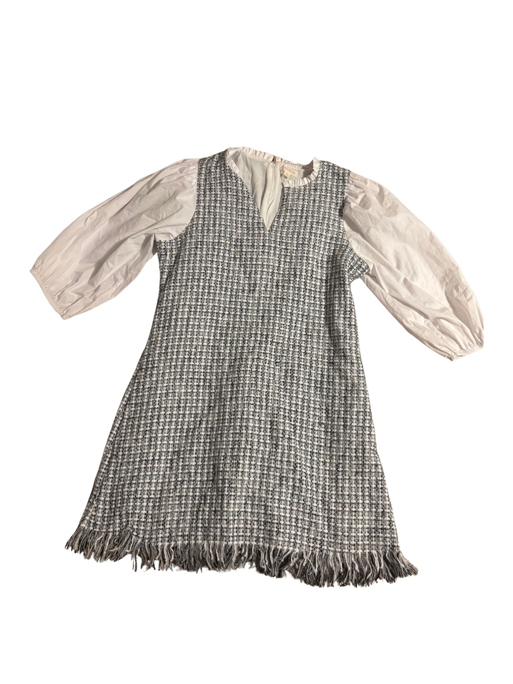 Riley & Rae Tweed Fringe Midi Dress with White Puff Sleeves